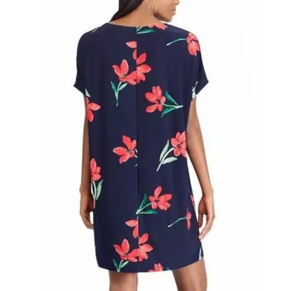 NWT CHAPS Navy Red Floral Print Shift Dress - Picture 2 of 4